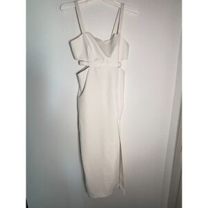 Womens Cut Out Waist Midi Shift Dress White Side Slit Wide Strap Back Zip Casual